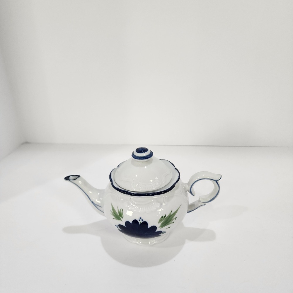 Vintage Ceramic Teapot Hand Painted Blue Floral White Porcelain Scalloped Detail